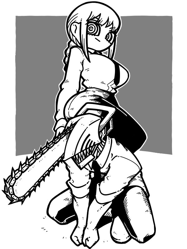 1boy 1girl braid breasts chainsaw chainsaw_man collared_shirt denji_(chainsaw_man) large_breasts long_hair long_sleeves makima_(chainsaw_man) monochrome name_omoitukan2 necktie pants ringed_eyes sharp_teeth shirt single_braid squatting teeth