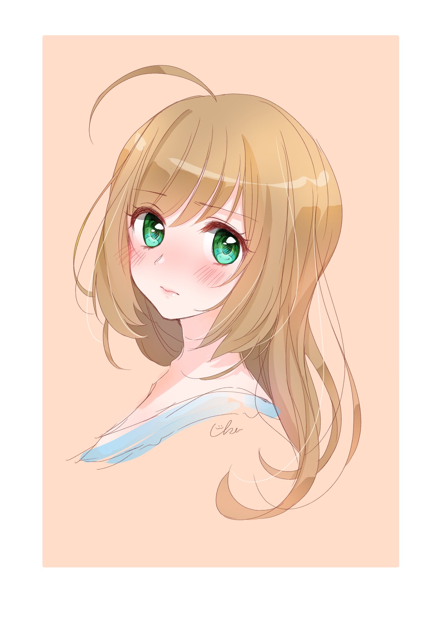 1girl ahoge blending blonde_hair blush cropped_torso expressionless full-face_blush green_eyes highres huge_ahoge idolmaster idolmaster_cinderella_girls looking_at_viewer portrait sato_shin simple_background solo two-tone_background uika310p
