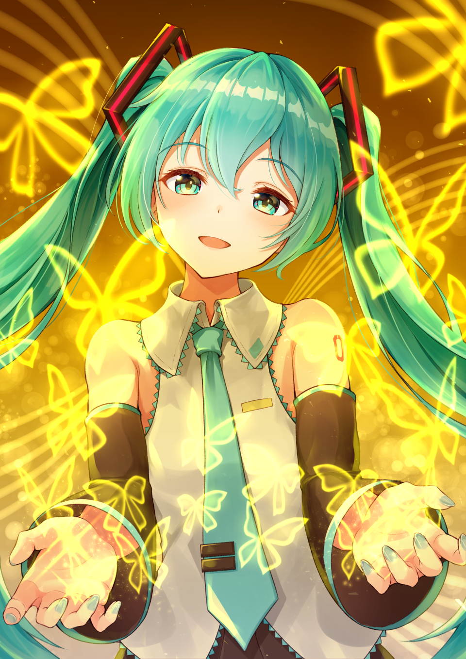 1girl :d aqua_eyes aqua_hair aqua_necktie black_skirt black_sleeves bug butterfly collared_shirt detached_sleeves dress_shirt floating_hair glowing_butterfly grey_nails hair_between_eyes hair_ornament hatsune_miku head_tilt highres insect komashiro_n long_hair long_sleeves looking_at_viewer nail_polish necktie open_mouth pleated_skirt shirt skirt sleeveless sleeveless_shirt smile solo twintails upper_body very_long_hair vocaloid white_shirt wing_collar