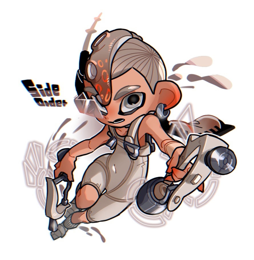 1boy agent_8_(splatoon) bodysuit collarbone commentary_request copyright_name covered_navel dual_wielding earrings gradient_hair grey_hair gun holding holding_gun holding_weapon ink_tank_(splatoon) jewelry male_focus multicolored_hair nintendo octoling octoling_boy octoling_player_character open_mouth order_dualies_(splatoon) red_hair short_hair simple_background sleeveless sleeveless_bodysuit solo splatoon_(series) splatoon_3 splatoon_3:_side_order tentacle_hair thick_eyebrows two-tone_hair w0_tarou weapon white_background white_bodysuit