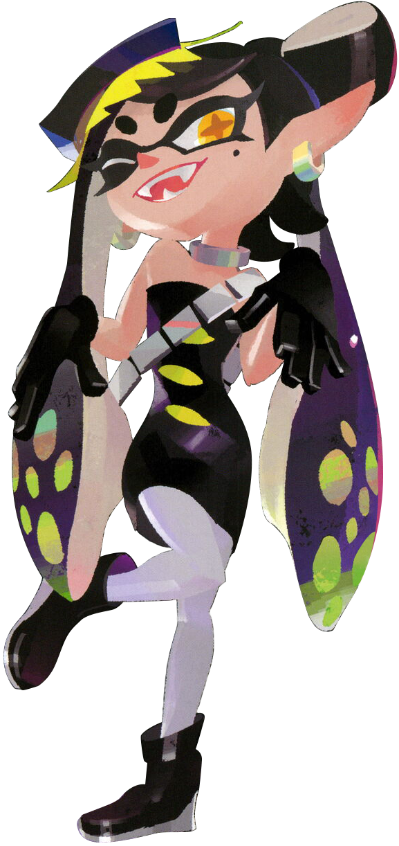 ankle_boots ankle_buckle bandolier bare_arms bare_shoulders belt black_dress black_footwear black_gloves black_hair black_tube_dress boots bow bow-shaped_hair callie_(alterna)_(splatoon) callie_(splatoon) choker colored_skin cowlick cropped dress earrings eye_mask eyelashes fangs fish_(food) food full_body gloves gradient_hair hat highres jewelry long_hair long_pointy_ears mole mole_under_eye multicolored_hair nintendo non-web_source official_alternate_costume official_art pantyhose pink_hat pointy_ears sashimi scan shoes short_eyebrows silver_bandolier silver_choker silver_earrings skirt sleeveless sleeveless_dress splatoon_(series) splatoon_3 spotted_hair standing standing_on_one_leg star-shaped_pupils star_(symbol) strapless strapless_dress suction_cups swept_bangs symbol-shaped_pupils tentacle_hair thick_eyebrows transparent_background tube_dress very_long_hair wedge_heels white_pantyhose white_skin yellow_eyes yellow_leaf yellow_pupils yellow_shiso_leaf