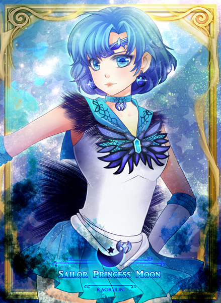 1girl bishoujo_senshi_sailor_moon blue_background blue_eyes blue_hair blue_sailor_collar blue_skirt brooch choker cowboy_shot dark_mercury dark_persona earrings elbow_gloves expressionless fch2009 female_focus gloves hand_on_own_hip jewelry looking_at_viewer magical_girl matching_hair/eyes mizuno_ami pleated_skirt pretty_guardian_sailor_moon sailor_collar sailor_mercury short_hair skirt solo tiara white_gloves