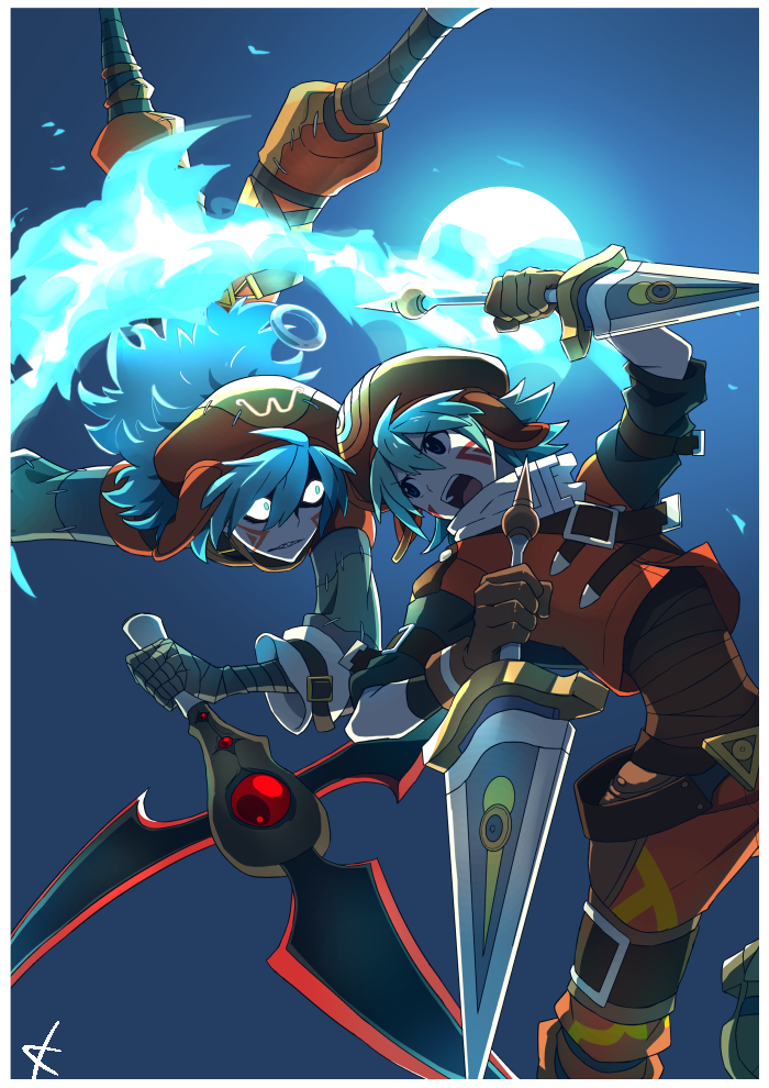 .hack// .hack//g.u. .hack//games 2boys angry azure_kite backlighting black_shirt blue_fire blue_sky border brown_gloves closed_mouth commentary_request dagger dual_wielding facial_mark fighting fire full_moon gloves green_hair holding holding_dagger holding_knife holding_weapon kanade_(unchi_knd280) kite_(.hack//) knife long_sleeves looking_at_another moon multiple_boys night night_sky open_mouth orange_headwear orange_pants orange_vest outdoors pants scarf shirt sky sleeves_rolled_up upside-down vest weapon white_scarf wide-eyed
