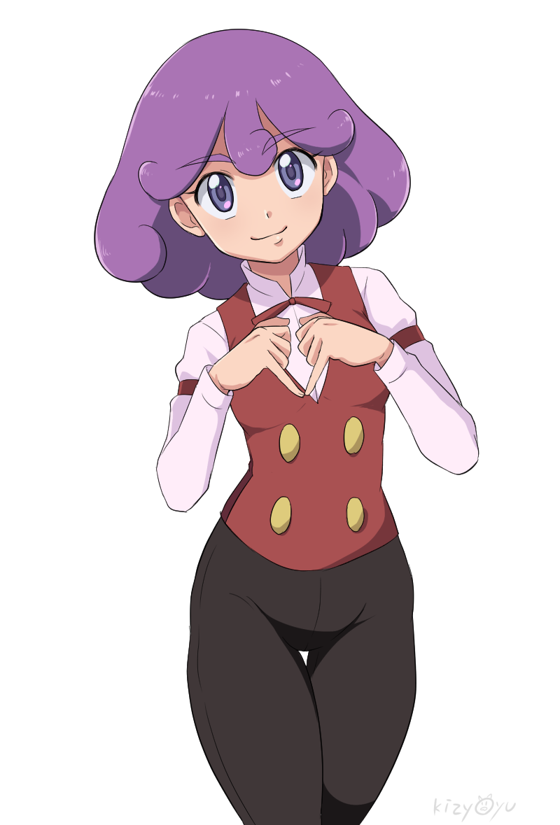 1girl bow bowtie burgundy_(pokemon) buttons curly_hair eyebrows_visible_through heart heart_hands kijouyu long_sleeves looking_at_viewer nintendo pants pokemon pokemon_(anime) pokemon_bw_(anime) pokemon_connoisseur pokemon_sommelier purple_eyes purple_hair red_vest short_hair simple_background smile standing traditional_bowtie vest