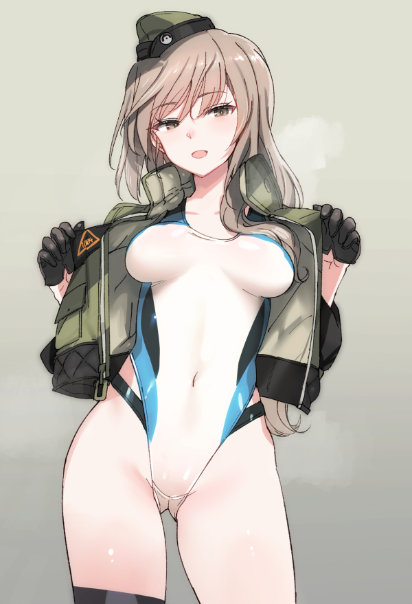 1girl black_gloves breasts brown_eyes brown_hair competition_swimsuit covered_navel garrison_cap girls_und_panzer gloves green_jacket half_gloves hat highleg highleg_one-piece_swimsuit jacket light_blush long_hair mature_female medium_breasts multicolored_swimsuit one-piece_swimsuit open_clothes open_jacket open_mouth shimada_chiyo shimada_fumikane smile solo swimsuit swimsuit_under_clothes thigh_strap visible_air white_one-piece_swimsuit