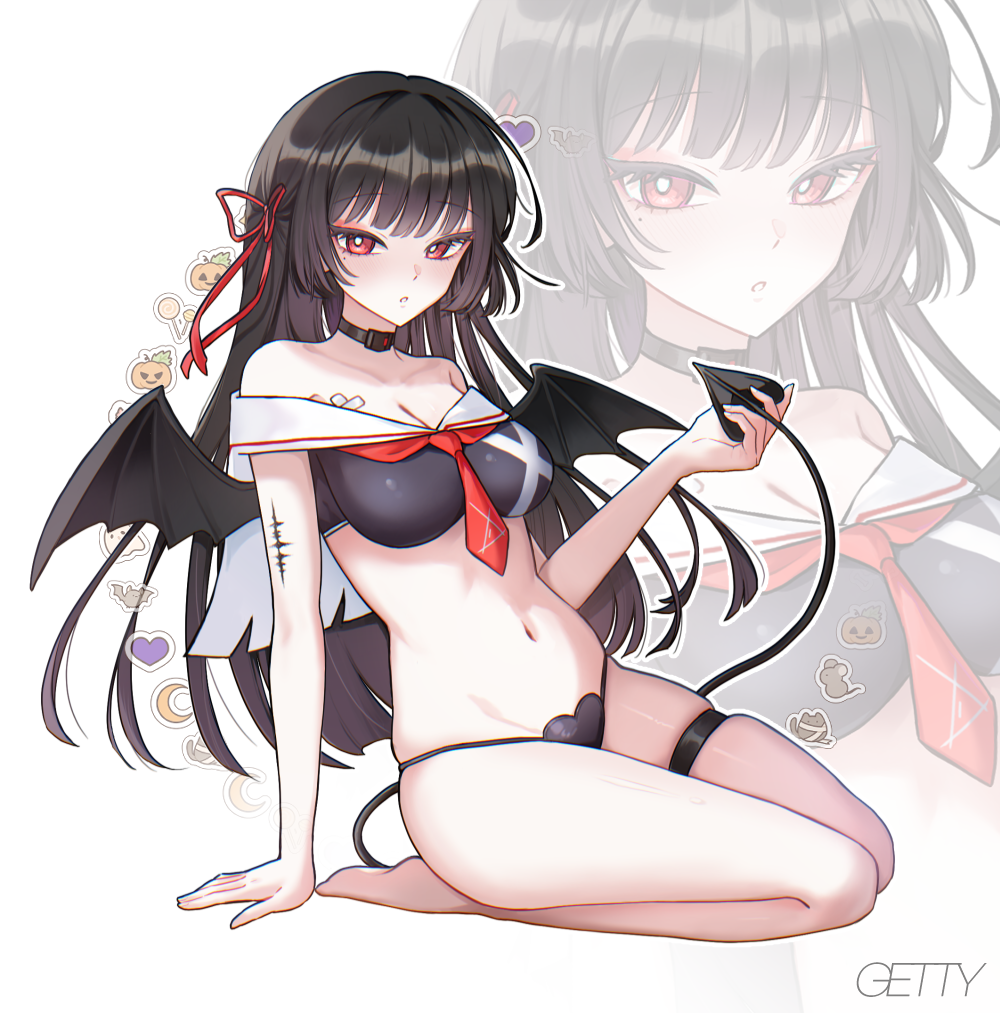1girl adapted_costume arm_support artist_name bare_legs bare_shoulders barefoot bat_wings black_choker black_hair black_panties black_tail breasts chisa_(wuthering_waves) choker cleavage collarbone commentary crop_top demon_tail full_body getty-gy hair_ribbon halloween_costume large_breasts legs long_hair looking_at_viewer mole mole_under_eye navel neckerchief off_shoulder panties parted_lips red_eyes red_neckerchief red_ribbon ribbon simple_background sitting skindentation solo stomach tacet_mark_(wuthering_waves) tail thigh_strap thighs underwear wariza white_background wings wuthering_waves zoom_layer