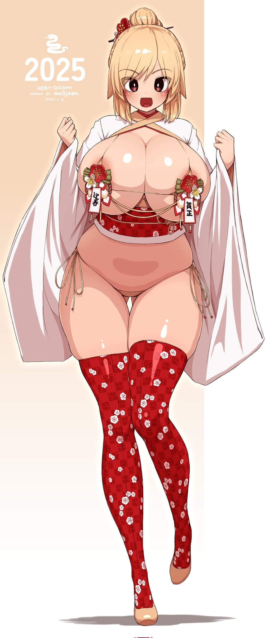 1girl 2025 bikini blonde_hair floral_print floral_print_thighhighs flower flower_bikini hair_bun hair_flower hair_ornament hair_up hakama highres japanese_clothes makino_momiji_(artist) new_year open_clothes open_mouth original red_eyes red_thighhighs side-tie_bikini_bottom solo standing swimsuit thigh_gap thighhighs