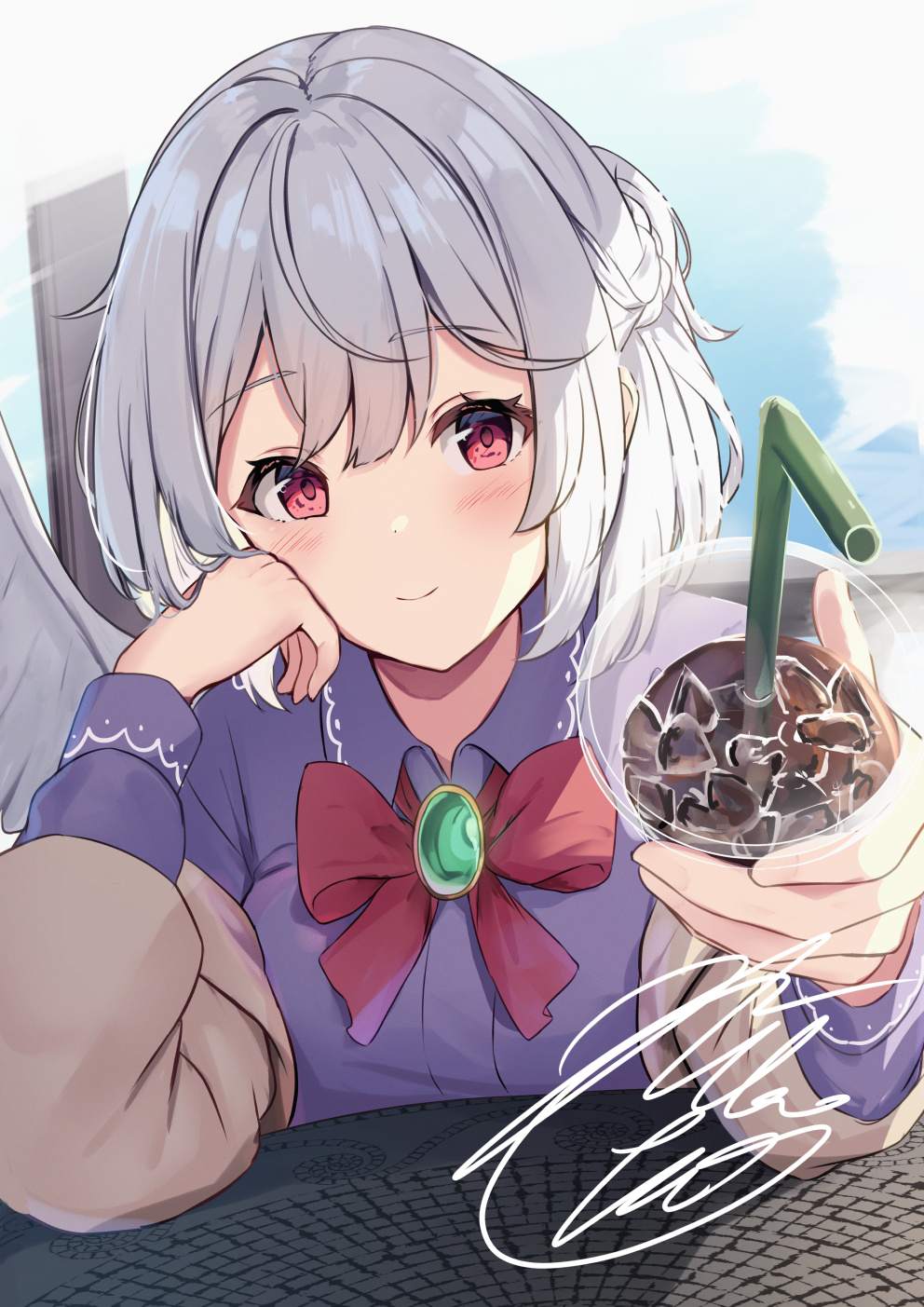 1girl arm_support blush breasts clothes_pull cup feathered_wings hair_between_eyes hand_on_own_cheek hand_on_own_face hands_up happy head_rest highres holding holding_cup jacket jacket_pull kishin_sagume looking_at_viewer medium_breasts medium_hair niko_kusa open_clothes open_jacket purple_shirt red_eyes shirt single_wing sitting smile solo touhou upper_body white_hair white_wings wings