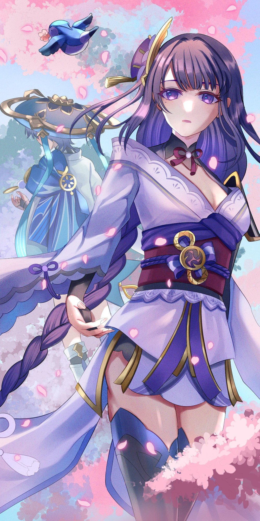 1boy 1girl arm_at_side armor bird black_bridal_gauntlets black_thighhighs blue_cape blue_hair blue_hat blunt_bangs breasts bridal_gauntlets cape caramelo_game cherry_blossoms chinese_knot cleavage electro_symbol_(genshin_impact) eyelashes falling_petals fan_hair_ornament finch fingernails genshin_impact gold gold_trim hair_ornament hat highres hime_cut japanese_armor japanese_clothes jingasa kimono kimono_skirt kote kurokote leg_warmers legs_together lingerie long_hair long_sleeves looking_at_viewer low-braided_long_hair low-tied_long_hair mitsudomoe_(shape) mole mole_under_eye mother_and_son obi obiage obijime off_shoulder open_hand open_mouth pelvic_curtain petals purple_eyes purple_hair purple_sleeves raiden_shogun red_ribbon ribbon sash scaramouche_(genshin_impact) shrug_(clothing) sidelocks single_sode tassel tassel_hair_ornament thighhighs tomoe_(symbol) underwear wanderer_(genshin_impact) white_kimono white_leg_warmers white_sleeves