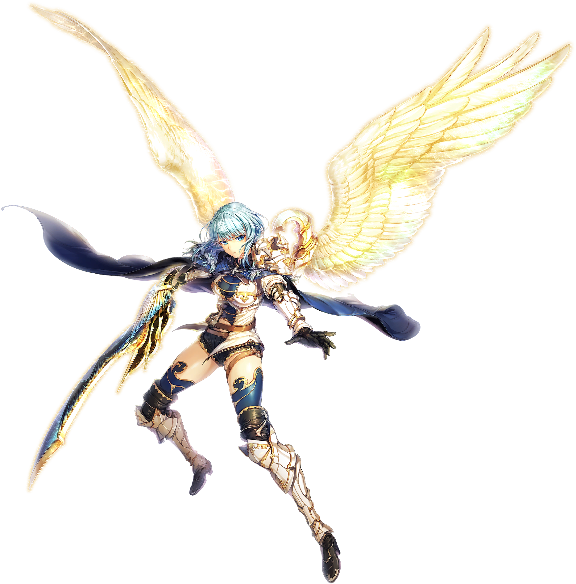1girl armor artist_request bad_source belt blue_eyes blue_hair breasts cape feathered_wings full_body game_cg gloves highres holding holding_sword holding_weapon official_art roshwan serious short_shorts shorts solo sword third-party_source transparent_background unitia weapon wings