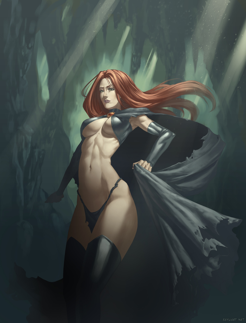 10s 1girl breasts cape choker female_focus floating_hair goblin_queen green_eyes highres jean_grey large_breasts leggings madelyne_pryor marvel mature_female red_hair revealing_layer solo speh thong torn_clothes wide_hips x-men
