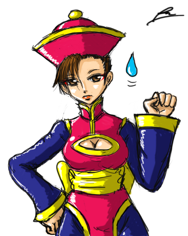 1girl alternate_costume arm_up borockman breasts brown_eyes brown_hair capcom chinese_clothes chun-li cleavage cleavage_cutout clothing_cutout commentary_request company_connection cosplay darkstalkers eyeshadow female_focus hand_on_own_hip hat hsien-ko hsien-ko_(cosplay) jiangshi jiangshi_costume looking_at_viewer makeup qingdai_guanmao serious signature simple_background solo street_fighter sweatdrop white_background wide_sleeves