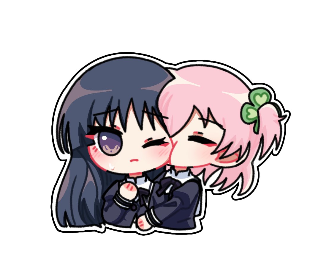 2girls :t assault_lily black_hair black_ribbon blush cheek_pull cheek_sucking chibi closed_eyes closed_mouth clover_hair_ornament commentary cropped_jacket cropped_torso four-leaf_clover_hair_ornament hair_between_eyes hair_ornament hand_on_another&#039;s_chest hand_on_own_chest hand_up heads_together hitotsuyanagi_riri juliet_sleeves long_hair long_sleeves looking_at_viewer multiple_girls neck_ribbon one_eye_closed one_side_up pink_hair puffy_sleeves purple_eyes raised_eyebrows ribbon school_uniform shirai_yuyu short_hair side-by-side simple_background sweatdrop symbol-only_commentary upper_body white_background yui_(yui1115_) yuri yurigaoka_girls_academy_school_uniform