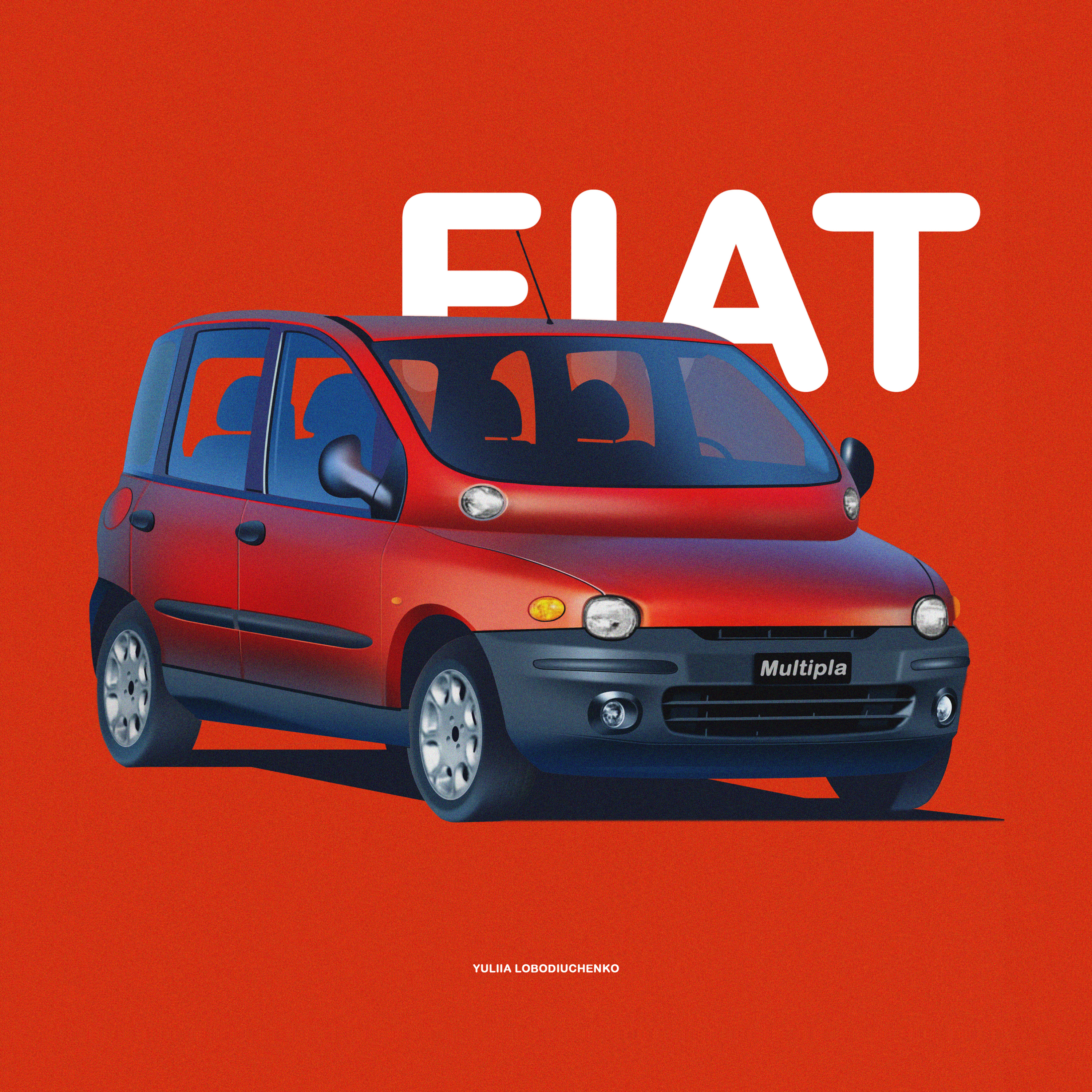 absurdres artist_name car fiat fiat_multipla highres no_humans original radio_antenna red_car red_theme shadow vehicle_focus vehicle_name yuliia_lobodiuchenko