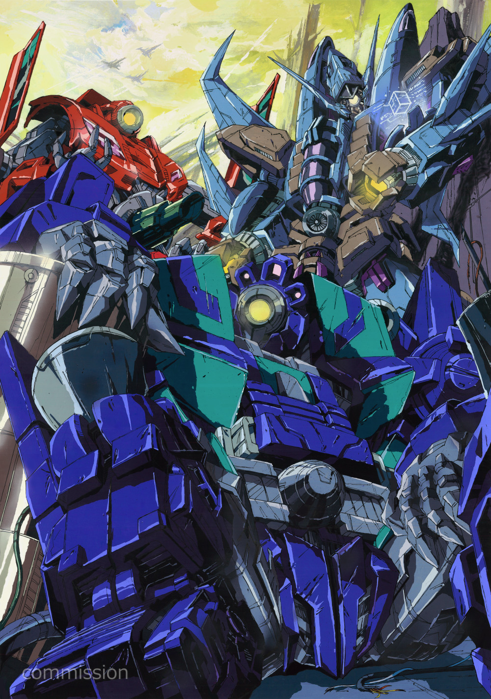 1980s_(style) aircraft airplane arm_cannon commission decepticon dreadwing glowing glowing_eye highres looking_at_viewer marble-v mecha no_humans oldschool one-eyed payload_(transformers) retro_artstyle robot science_fiction sitting swindle_(transformers) transformers transformers_(2007_film) transformers_(live_action) weapon