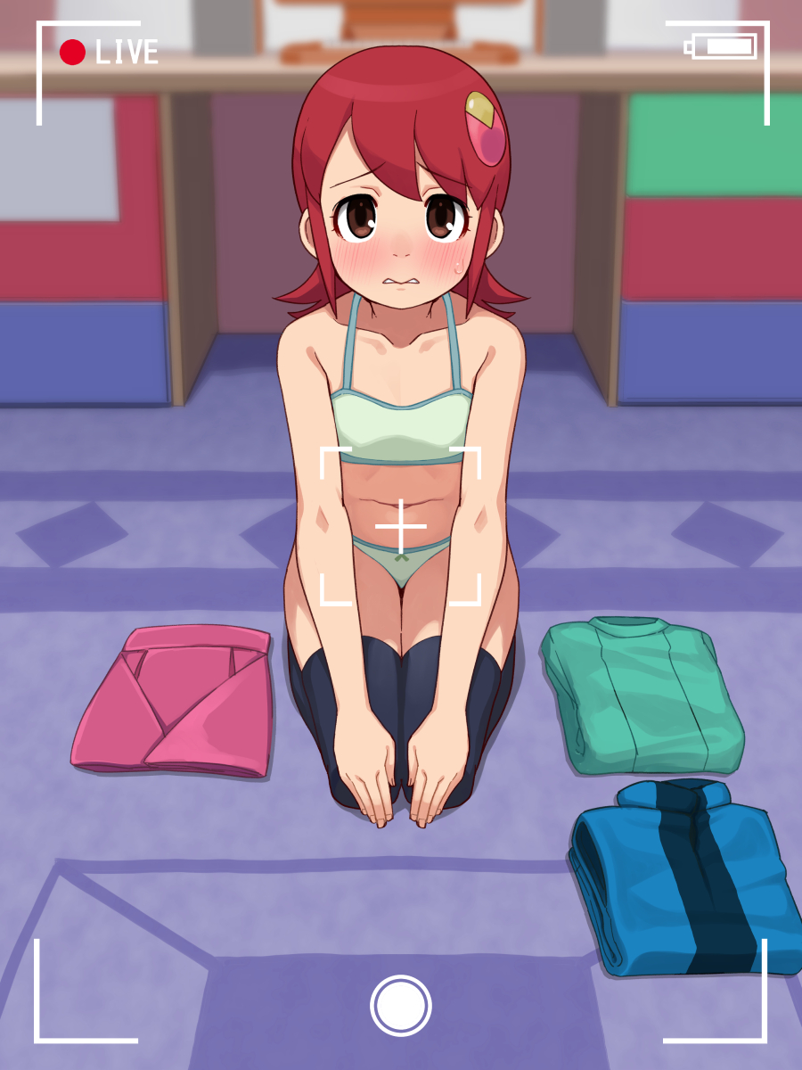 1girl battery_indicator black_thighhighs blue_vest blurry blurry_background blush bow bow_panties bra brown_eyes commentary_request commission depth_of_field dogeza flat_chest full_body green_bra green_panties green_shirt hair_ornament hands_on_own_knees highres livestream long_hair long_sleeves looking_at_viewer mayl_sakurai_(mega_man) mega_man_(series) mega_man_battle_network_(series) miniskirt panties parted_lips pink_skirt red_hair seiza shirt sitting skeb_commission skirt solo stupa13a thighhighs training_bra underwear unworn_shirt unworn_skirt unworn_vest variant_set vest viewfinder wavy_mouth
