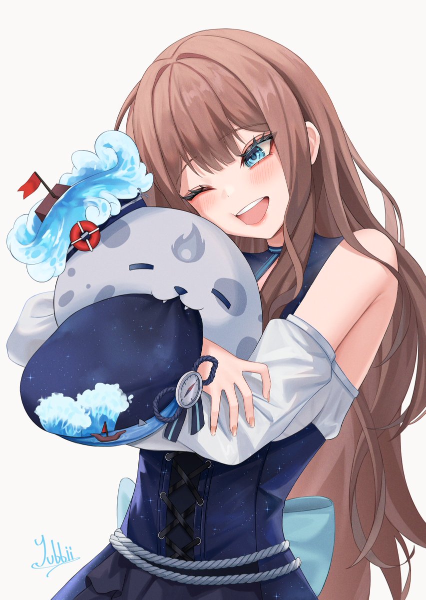 blue_dress blue_hair blush brown_hair captain dress hat highres blue_bow long_hair lost_sailor_at_sea_(vtuber) rope_belt sailor sailor_hat seal smile virtual_youtuber yubbiidraw_(artist)