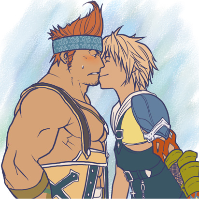 2boys bara biceps blonde_hair blush closed_eyes final_fantasy final_fantasy_x imminent_kiss looking_at_another lowres magnum_feering male_focus multiple_boys muscular muscular_male orange_hair pectorals shy smile sweatdrop tidus wakka yaoi