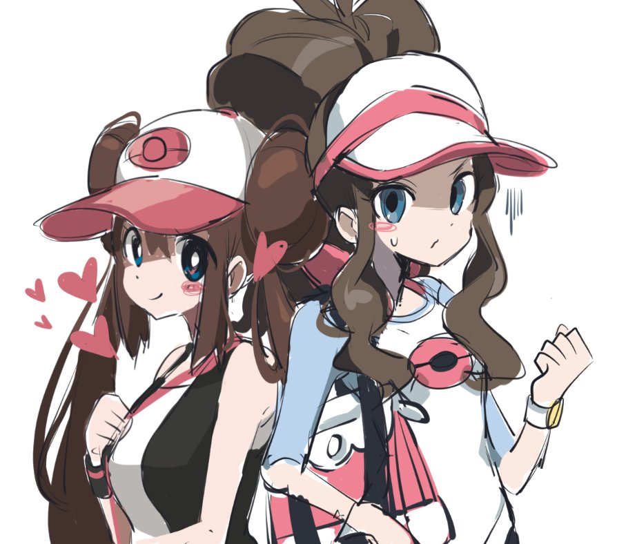 2girls bag bare_shoulders baseball_cap black_vest blue_eyes bright_pupils brown_hair closed_mouth cosplay costume_switch double_bun hair_bun handbag hat heart hilda_(pokemon) hilda_(pokemon)_(cosplay) long_hair multiple_girls nintendo open_clothes open_vest pantyhose pokemon pokemon_bw pokemon_bw2 ponytail qnqn_1020 raglan_sleeves rosa_(pokemon) rosa_(pokemon)_(cosplay) simple_background smile turn_pale twintails vest visor_cap white_background white_pupils wristband