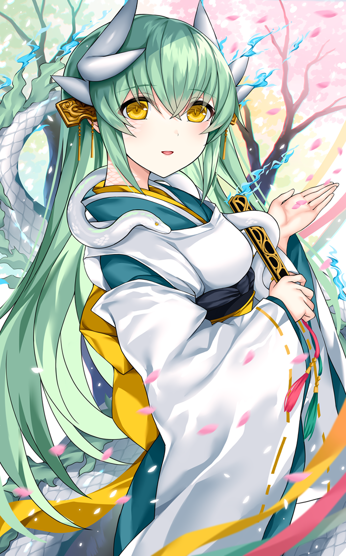 1girl fate/grand_order fate_(series) folding_fan green_eyes hand_fan holding holding_fan kiyohime_(fate) long_hair long_sleeves looking_at_viewer morizono_shiki open_mouth outdoors ponytail solo yellow_eyes