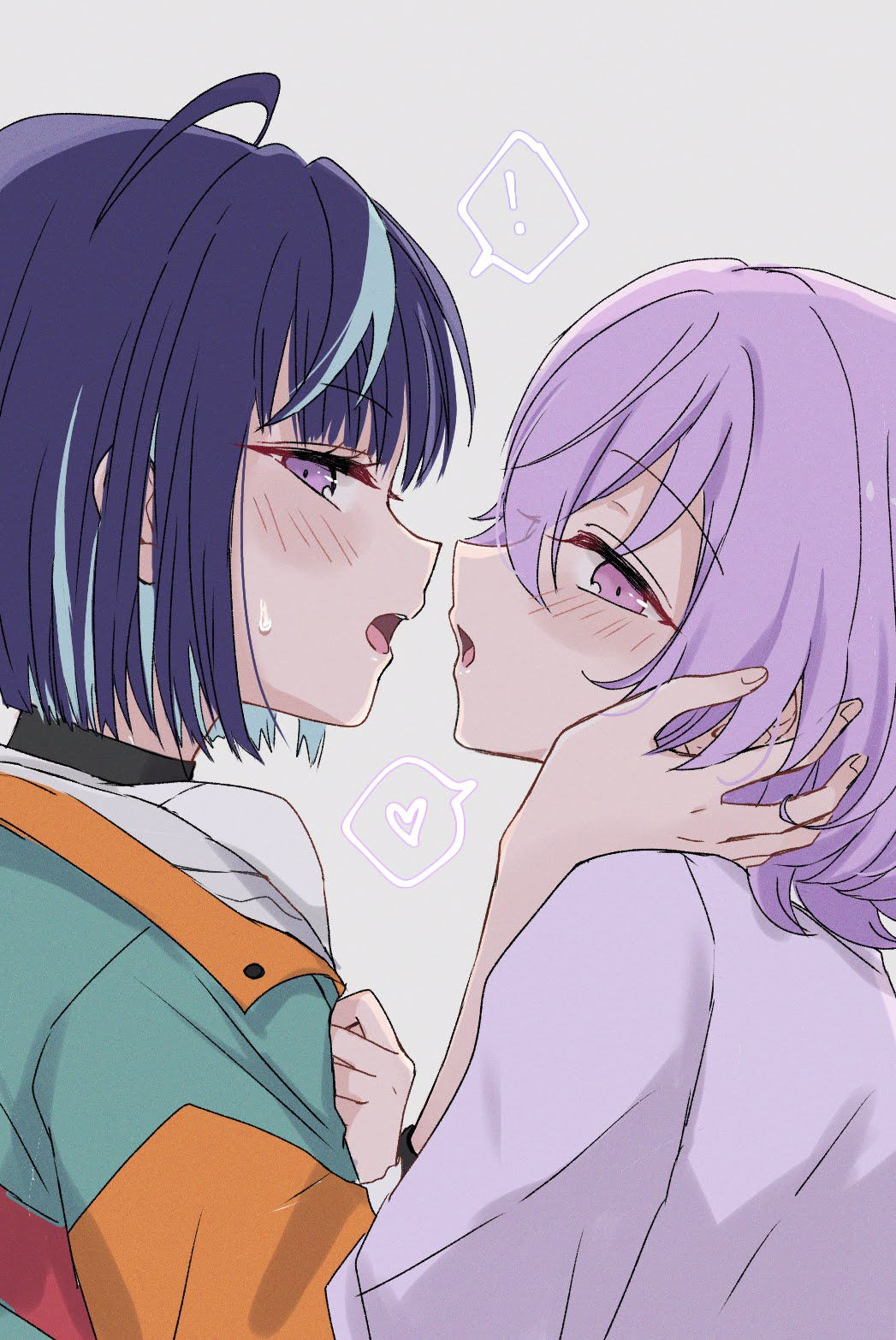 ! 2boys ahoge aqua_jacket blue_hair blush close-up couple dark_blue_hair ensemble_stars! eyelashes face-to-face grey_background grey_shirt hair_between_eyes hanamura_fuyume hand_on_another&#039;s_chest hand_on_another&#039;s_face hand_up heart highres imminent_kiss jacket looking_at_viewer male_focus medium_hair multicolored_hair multicolored_jacket multiple_boys orange_jacket parted_lips portrait profile purple_eyes purple_hair reira_(reomimi0211) sagiri_esu shirt sideways_glance simple_background spoken_exclamation_mark spoken_heart streaked_hair sweatdrop tongue trap trap_on_trap turtleneck yaoi