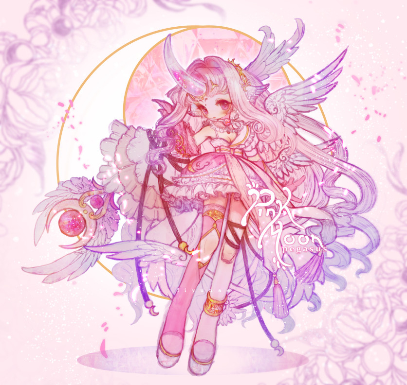 adoptable asymmetrical_legwear breasts cleavage closed_mouth commentary crescent crescent_print detached_sleeves diadem dress english_commentary english_text expressionless eyelashes feathered_wings fiyunae frilled_dress frilled_sleeves frills hair_intakes head_wings holding holding_staff horns knee_cutout kneehighs light_blush light_particles long_hair long_sleeves looking_at_viewer magical_girl mismatched_legwear multiple_wings original petals pink_background pink_dress pink_eyes pink_hair pink_horns pink_theme pink_thighhighs shadow shoes short_dress single_horn single_kneehigh single_sock single_thighhigh sleeveless sleeveless_dress socks staff standing thighhighs title unicorn_horn very_long_hair white_footwear white_sleeves white_socks white_wings wide_sleeves wings
