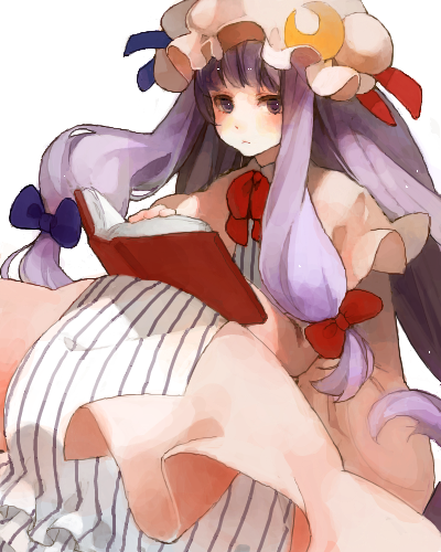 1girl book bow crescent crescent_hat_ornament frown hair_bow hat hat_ornament long_hair looking_at_viewer low-tied_long_hair lowres mmlu_(honwa_karesu) mob_cap neck_ribbon open_book patchouli_knowledge purple_eyes purple_hair red_ribbon ribbon solo touhou