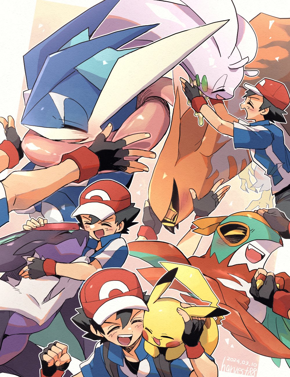 1boy antennae ash_ketchum baseball_cap bird blue_shirt blue_skin blush closed_eyes colored_skin dragon feathered_wings fewer_digits fins frog gen_1_pokemon gen_6_pokemon goodra greninja harvest88 hat hawlucha head_fins headpat highres long_tongue nintendo noivern pikachu pokemon pokemon_(anime) pokemon_xy_(anime) reaching reaching_towards_another red_headwear shirt talonflame talons tongue wings