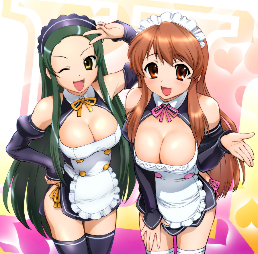 2girls amane_(dream_c_club) amane_(dream_c_club)_(cosplay) apron asahina_mikuru bare_shoulders black_legwear breasts brown_eyes brown_hair cleavage cosplay detached_sleeves dream_c_club dream_c_club_(cosplay) dream_c_club_(series) duplicate fang futaba_riho futaba_riho_(cosplay) gotou_yuuko green_hair large_breasts long_hair maid_headdress md5_mismatch mole mole_on_breast multiple_girls neck_ribbon one_eye_closed resolution_mismatch ribbon source_smaller suzumiya_haruhi_no_yuuutsu thighhighs tsuruya ueyama_michirou v very_long_hair voice_actor_connection white_legwear wink