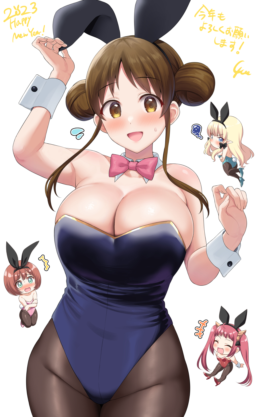 2023 4girls animal_ears arm_up ayane_(princess_connect!) bare_shoulders blonde_hair blue_leotard blush bow bowtie breasts brown_eyes brown_hair chibi cleavage cowboy_shot detached_collar dot_nose double_bun english_text fake_animal_ears fang flying_sweatdrops hair_bun hair_ribbon hand_up happy_new_year high_heels highres large_breasts leotard long_hair multiple_girls new_year open_mouth pantyhose parted_bangs pink_bow pink_bowtie pink_leotard playboy_bunny pointy_ears princess_connect! rabbit_ears rabbit_tail red_hair red_leotard ribbon saren_(princess_connect!) sidelocks signature simple_background small_breasts smile squiggle strapless strapless_leotard suzume_(princess_connect!) tail twintails v-shaped_eyebrows white_background wrist_cuffs yue_(show-ei)