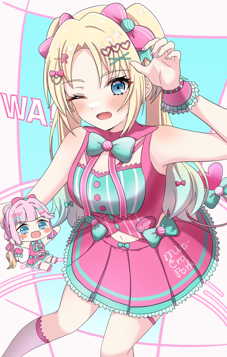 2girls :3 :d ;d anyoji_hime aqua_bow aqua_bowtie aqua_shirt arms_up bare_shoulders blonde_hair blue_background blue_eyes blue_hair blunt_sidelocks blush blush_stickers bow bowtie character_name chibi chibi_inset claw_pose clothes_writing commentary curtained_hair fang feet_out_of_frame group_name hair_bow hair_ornament heart heart_hair_ornament katanashi_(ktnsh_popu) letter_hair_ornament link!_like!_love_live! long_hair love_live! lower_teeth_only miniskirt mira-cra_park! multi-tied_hair multicolored_hair multiple_girls navel official_alternate_costume one_eye_closed open_mouth osawa_rurino outstretched_arms parted_bangs pink_bow pink_hair pink_skirt pink_vest pleated_skirt ponytail shirt sidelocks simple_background skirt skirt_set sleeveless sleeveless_shirt smile socks solo_focus spread_arms standing teeth thigh_strap two-tone_hair underbust vest virtual_youtuber wawo!_(love_live!) white_socks x_hair_ornament