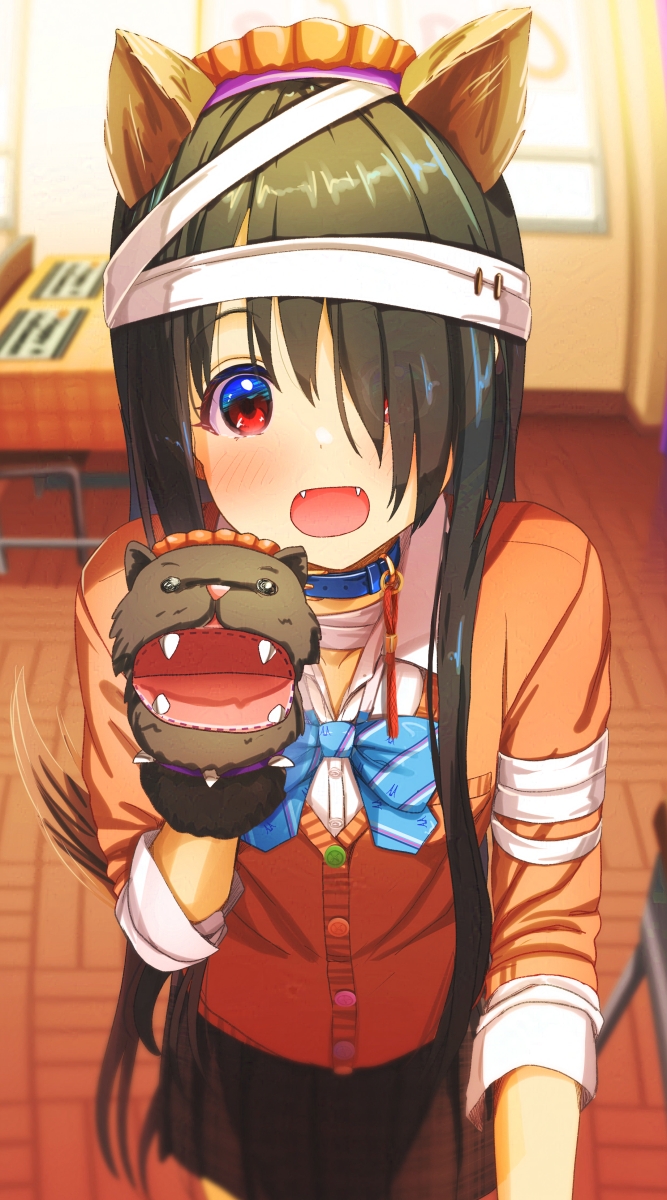 1girl :d aiuabo animal_collar animal_ears bandaged_head bandaged_neck bandages black_hair blue_bow blue_bowtie blue_collar blue_eyes blurry blurry_background blush bow bowtie brown_skirt buttons cardigan collar collarbone collared_shirt commentary_request dress_shirt eyes_visible_through_hair fake_animal_ears fake_tail fangs hair_over_one_eye hairband halloween hand_puppet hand_up highres long_hair looking_at_viewer maid_headdress multicolored_eyes open_mouth orange_cardigan original plaid_clothes plaid_skirt pleated_skirt puppet purple_hairband raised_eyebrows reaching reaching_towards_viewer red_eyes shirt sidelocks skirt smile solo striped_bow striped_bowtie striped_clothes tail two-tone_eyes white_shirt