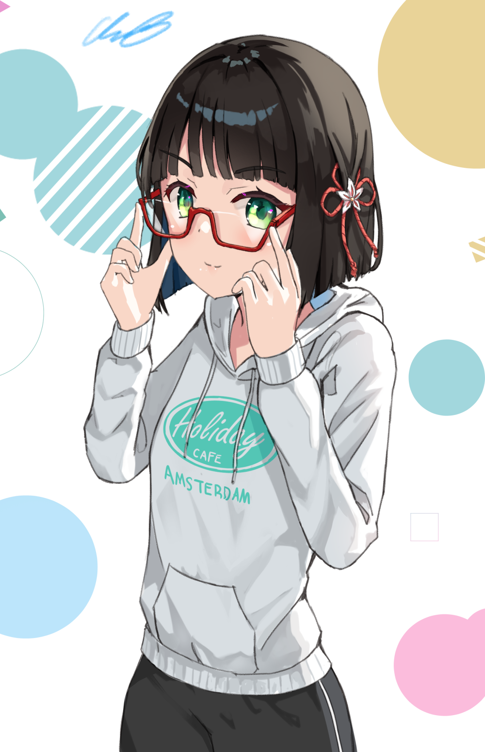 1girl bespectacled black_hair black_shorts blunt_bangs blunt_ends bob_cut closed_mouth commentary cowboy_shot glasses green_eyes highres hood hoodie link!_like!_love_live! long_sleeves looking_at_viewer love_live! momose_ginko momose_ginko_(summer_training_wear) red-framed_eyewear short_hair shorts signature smile solo split_mouth uno_(unoirasuto) virtual_youtuber white_background white_hoodie