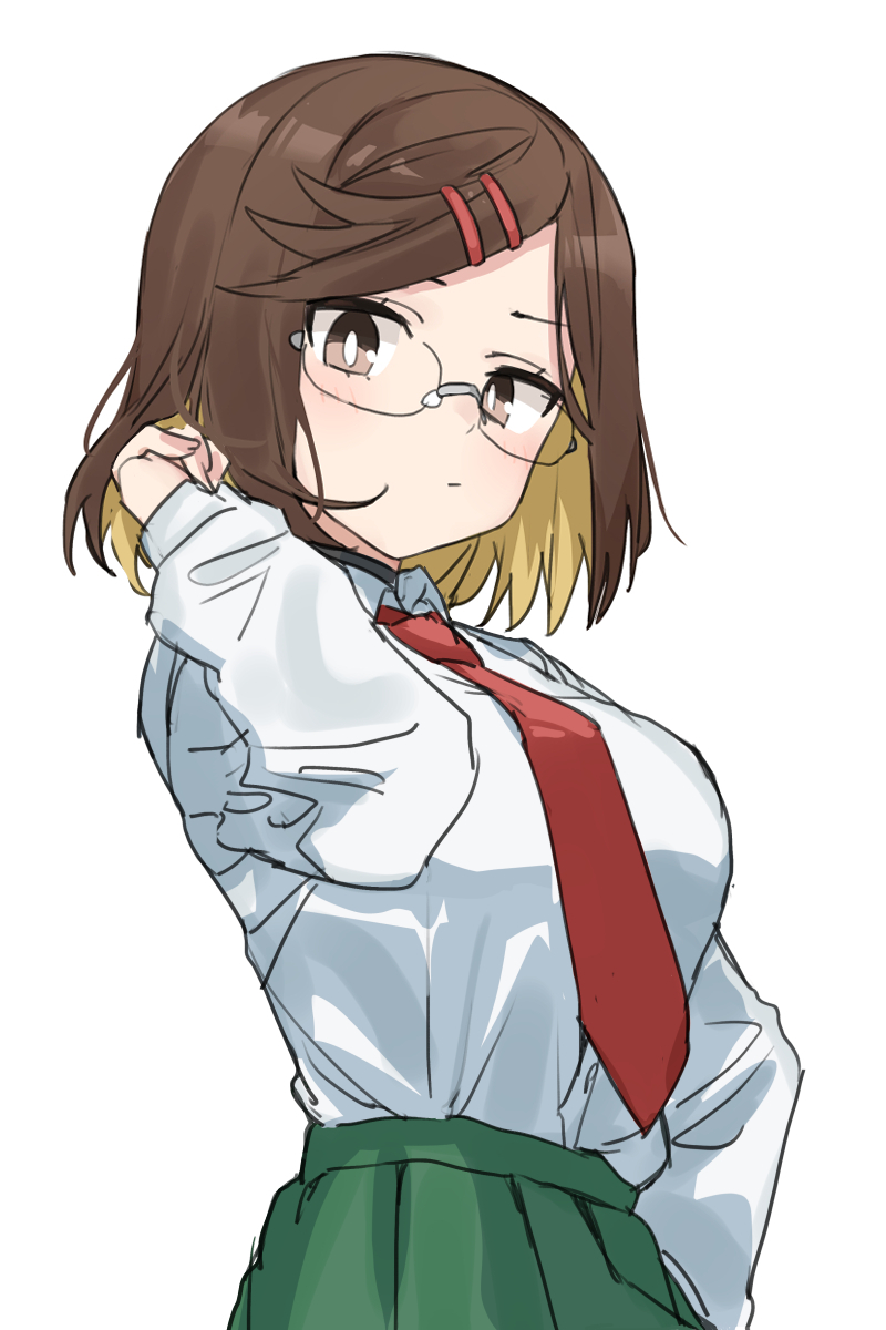 1girl blonde_hair bright_pupils brown_eyes brown_hair character_request copyright_request gazacy_(dai) green_skirt hair_ornament hairclip highres looking_at_viewer necktie parallel_hairclips red_necktie shirt short_hair simple_background skirt solo white_background white_pupils white_shirt