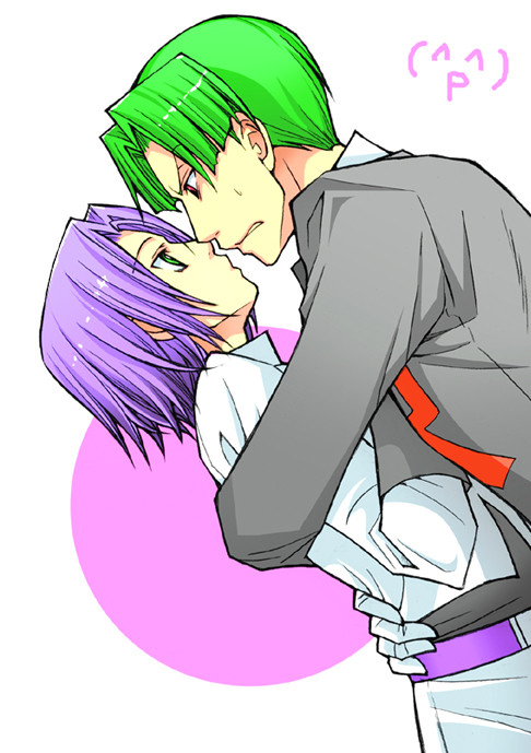2boys belt blush brown_eyes butch_(pokemon) clenched_teeth eye_contact green_eyes green_hair hand_on_another&#039;s_waist holding hug james_(pokemon) looking_at_another male_focus multiple_boys nintendo pokemon pokemon_(anime) pokemon_(classic_anime) purple_hair sebuchin team_rocket teeth yaoi