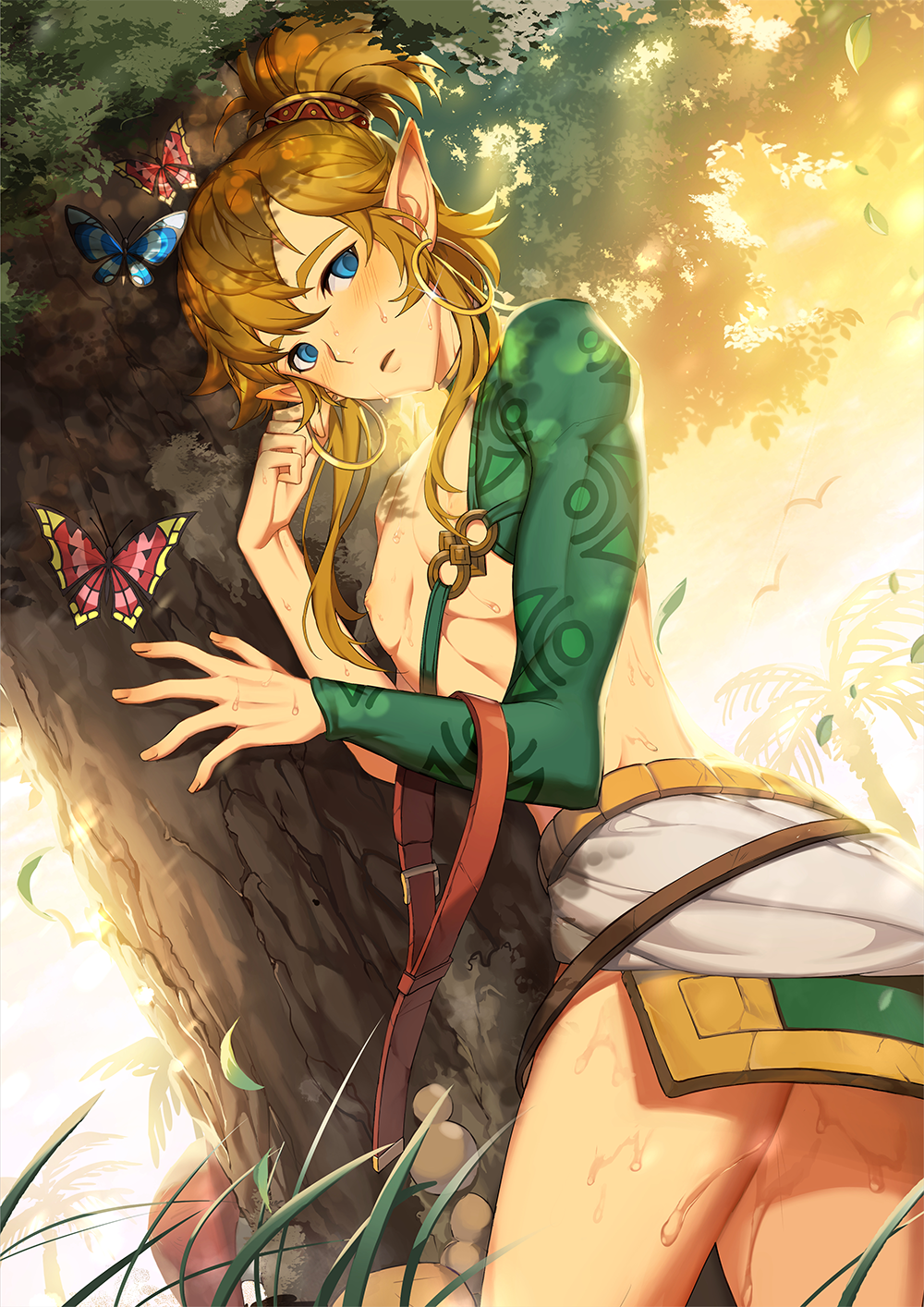 1boy ass asymmetrical_sleeves bare_arms belt blonde_hair blue_eyes blush brown_belt bug butterfly commentary earrings from_side gerudo_set_(zelda) highres insect jewelry link long_sleeves looking_at_viewer male_focus mismatched_sleeves muse_(rainforest) nintendo outdoors pointy_ears ponytail solo the_legend_of_zelda the_legend_of_zelda:_breath_of_the_wild tree wet