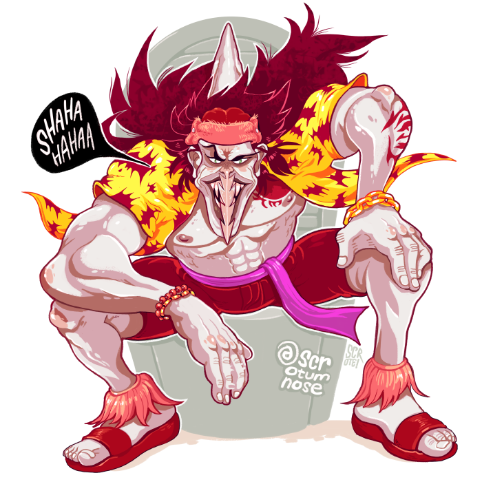 1boy abs arlong arm_tattoo bracelet david_alegre fish_boy floating_hair green_eyes jewelry laughing long_hair looking_at_viewer male_focus muscular muscular_male one_piece open_clothes open_mouth purple_sash red_hair sandals sash shark_boy sharp_teeth shirt sitting solo speech_bubble spread_legs tattoo teeth twitter_username yellow_shirt