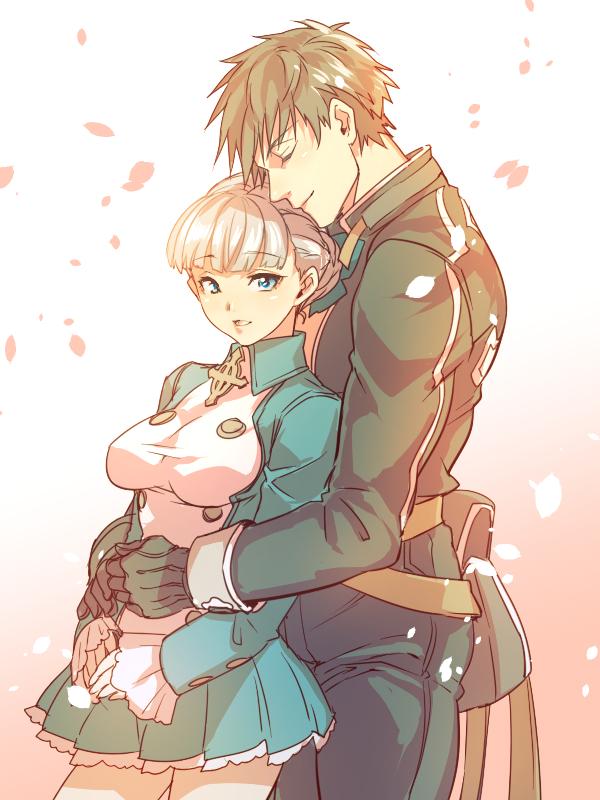1boy 1girl alice_elliot bow breasts brown_hair closed_mouth dress gloves hair_bow hug jewelry kin_mokusei looking_at_viewer open_mouth shadow_hearts short_hair silver_hair skirt smile yuri_hyuga