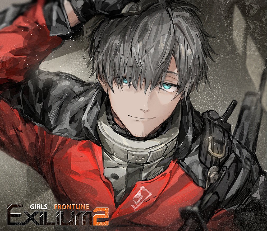 1boy aqua_eyes arm_up black_hair black_jacket closed_mouth commander_(girls&#039;_frontline) commentary copyright_name english_commentary english_text facial_hair girls&#039;_frontline girls&#039;_frontline_2:_exilium goatee_stubble honi_(ohohoni) jacket looking_at_viewer multicolored_jacket red_jacket short_hair smile solo stubble two-tone_jacket upper_body