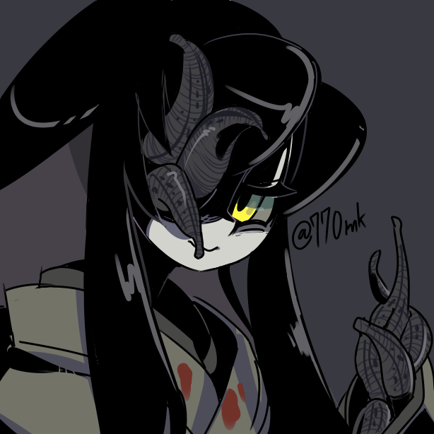 1girl 770mk animal animal_on_face animal_on_hand black_hair blood blood_on_clothes closed_mouth colored_sclera commentary_request grey_background grey_kimono grey_sclera hand_up japanese_clothes kimono leech long_hair looking_at_viewer missing_eye original shaded_face smile solo twitter_username upper_body yellow_eyes
