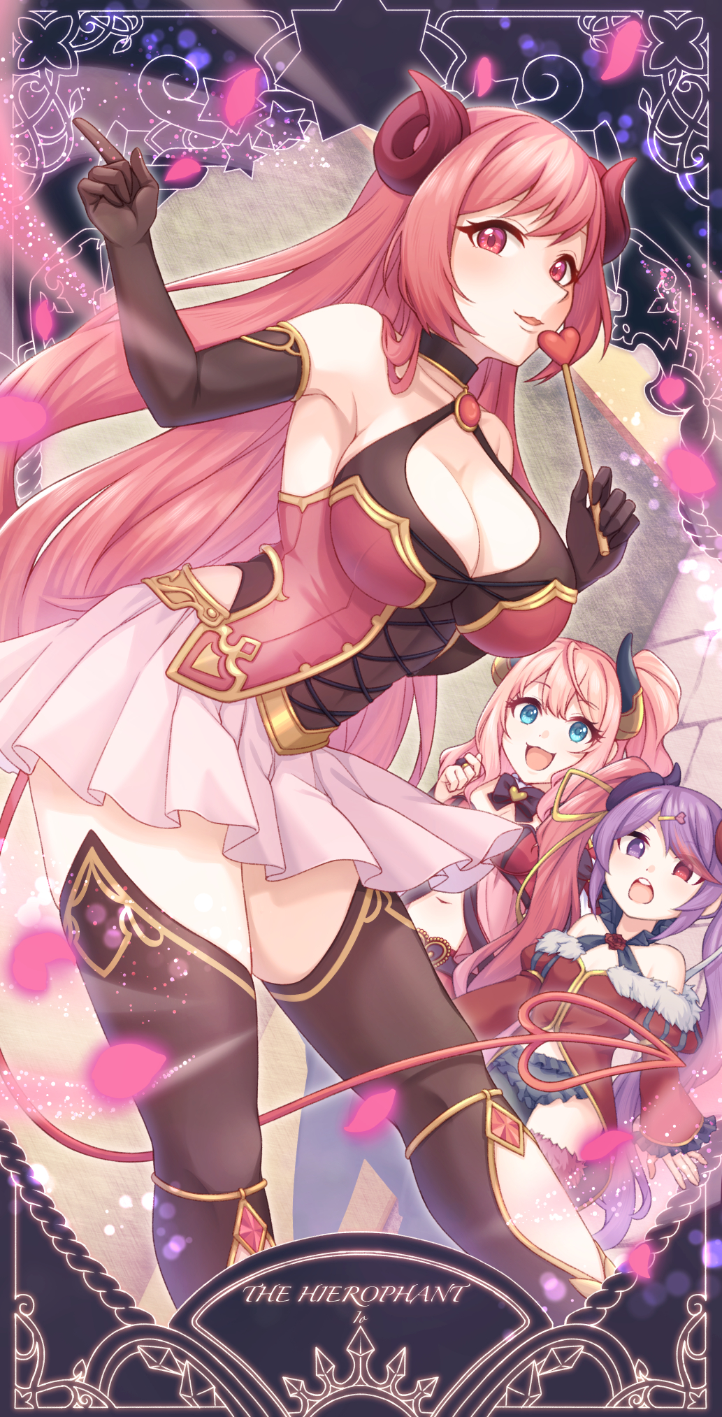 3girls altheavin armpits bare_shoulders black_bow black_bowtie black_gloves black_horns black_thighhighs blue_eyes bow bowtie breasts brooch cleavage cross-laced_clothes cross-laced_top curled_horns demon_girl demon_horns demon_tail elbow_gloves gem gloves heart heart_tail heterochromia highres horns io_(princess_connect!) jewelry large_breasts leaning_forward long_hair looking_at_viewer misaki_(princess_connect!) multiple_girls navel open_mouth pink_eyes pink_hair pink_horns pleated_skirt princess_connect! purple_hair red_gemstone red_tail side_ponytail skirt smile standing suzuna_(princess_connect!) swept_bangs tail thighhighs thighlet white_skirt