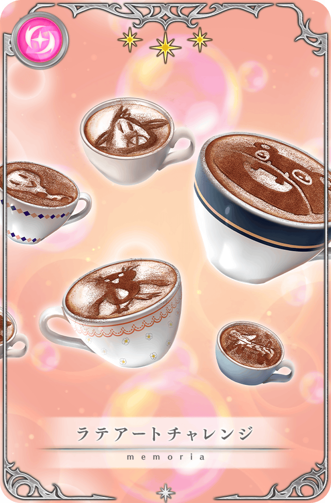 bear bird bubble card_(medium) coffee cup food_focus game_cg latte_art light_particles magia_record:_mahou_shoujo_madoka_magica_gaiden mahou_shoujo_madoka_magica no_humans official_art outline picture_frame pink_background star_(symbol) teacup translated tsuduki_neko white_outline