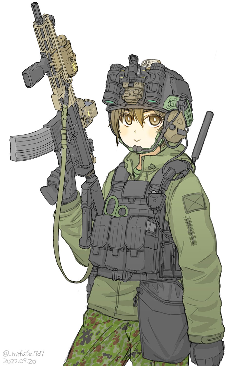 1girl assault_rifle black_gloves black_headwear brown_eyes brown_hair camouflage camouflage_pants closed_mouth commentary ear_protection geissele_urg-i gloves green_jacket green_pants gun highres holding holding_gun holding_weapon jacket long_sleeves looking_at_viewer m4_carbine m4_usasoc mifune_(_mifune_707) original pants rifle simple_background smile solo weapon white_background