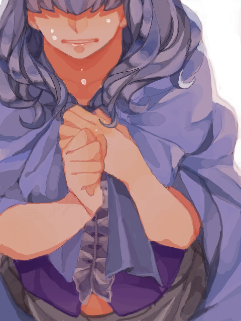 1girl akizuki_hakuto bad_id bad_pixiv_id blue_cape blue_hair blue_shirt cape covered_eyes crying ein_(one_piece) long_hair one_piece one_piece_film:_z parted_lips shirt simple_background solo upper_body white_background