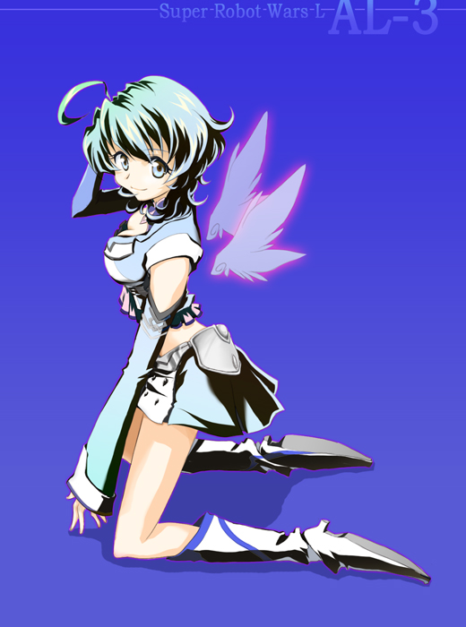 1girl ahoge al-3_alice banpresto blue_eyes blue_hair breasts chappy_(artist) chappy_(chapppy) cleavage detached_sleeves female_focus matching_hair/eyes medium_breasts skirt solo super_robot_wars super_robot_wars_l wings