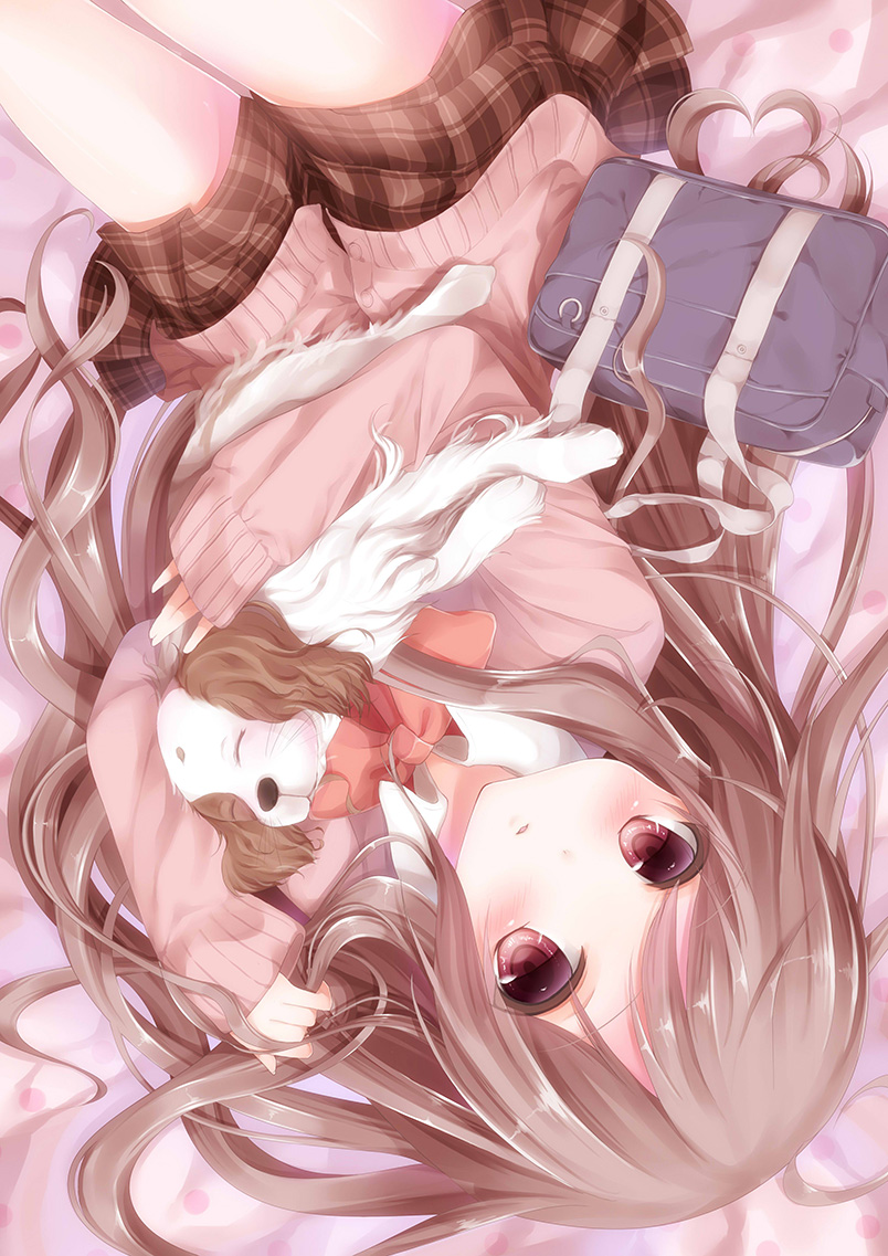 1girl animal bad_id bad_pixiv_id bag bow bowtie brown_hair dog long_hair looking_at_viewer lying original oro_ponzu red_eyes school_bag school_uniform shirt skirt sweater_vest very_long_hair