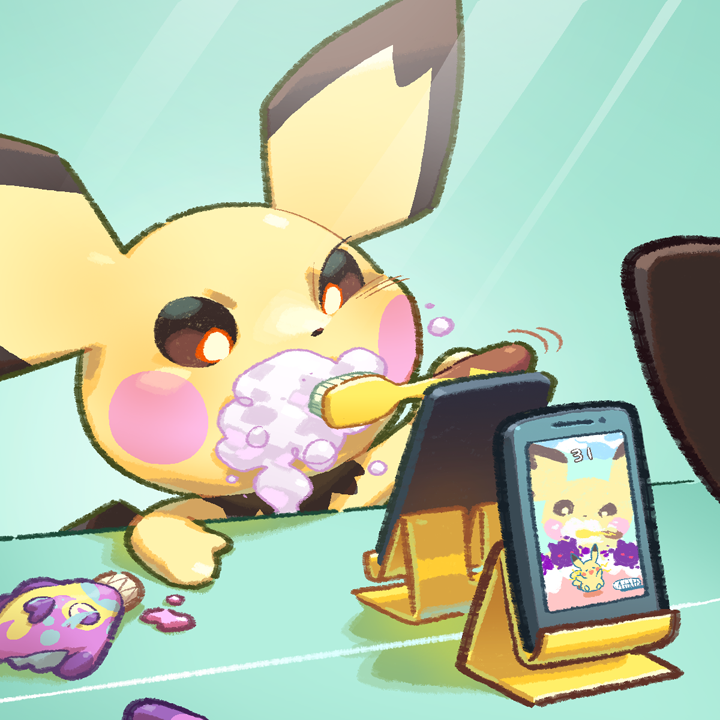 black_eyes bright_pupils brushing_teeth bruxish cellphone foam gen_1_pokemon gen_2_pokemon gen_7_pokemon mirror nintendo no_humans phone phone_stand pichu pikachu pockypalooza pokemon pokemon_(creature) pokemon_smile smartphone solo toothbrush toothpaste