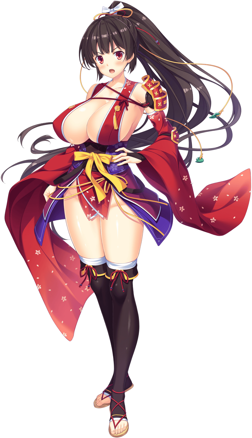 1girl arm_at_side armor blush breasts bridal_gauntlets brown_hair cleavage clenched_hand covered_erect_nipples detached_sleeves furrowed_brow game_cg hair_tie hand_on_own_hip highres hinata_nao japanese_clothes kashima_hikari kimono large_breasts long_hair no_panties non-web_source official_art open_mouth ponytail red_eyes red_kimono sex_open_world_e_youkoso! shoulder_armor solo transparent_background