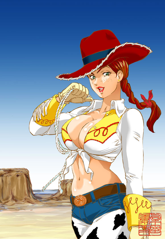 1girl animal_print artist_request braid breasts cleavage cow_print cowboy_hat disney female_focus freckles front-tie_shirt green_eyes hat jessie_the_yodeling_cowgirl large_breasts lipstick looking_at_viewer makeup midriff navel open_mouth outdoors red_hair single_braid solo toy_story