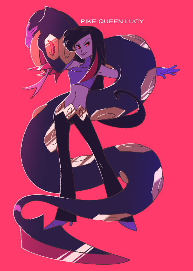 1girl black_hair character_name crop_top fangs full_body gen_3_pokemon gloves long_hair lucy_(pokemon) midriff nintendo pokemon pokemon_(creature) pokemon_emerald pokemon_rse purple_footwear purple_gloves red_background red_eyes seviper smile vergolophus